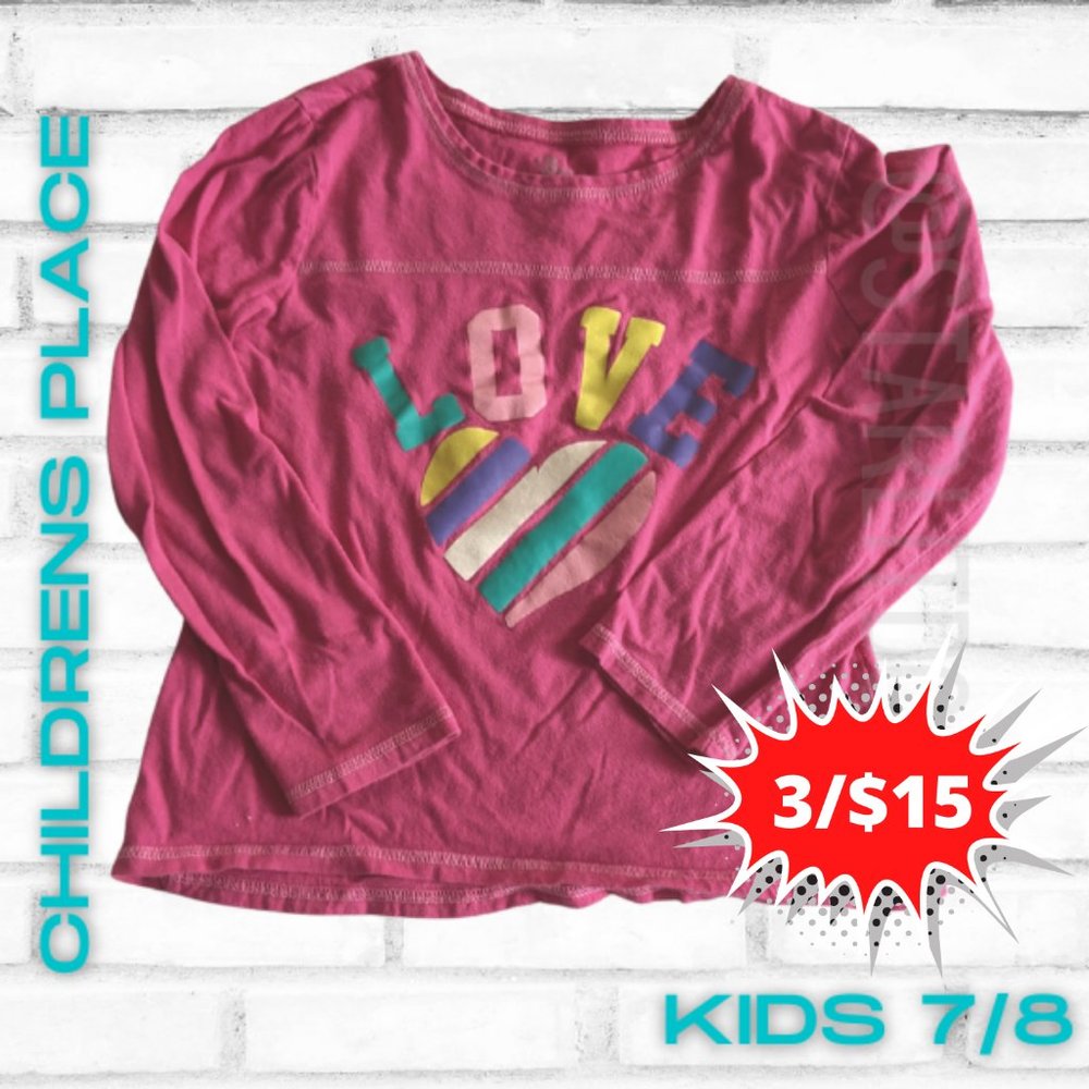 Children's Place Long Sleeve Top Love Glitter 7/8 Pink Rainbow